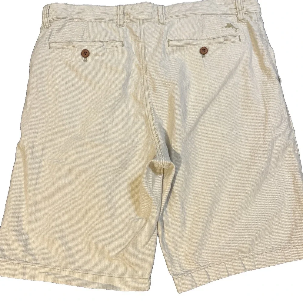 Tommy Bahama Stripe City Shorts Men's 34 Linen Cotton Blend Tan Beige vacation